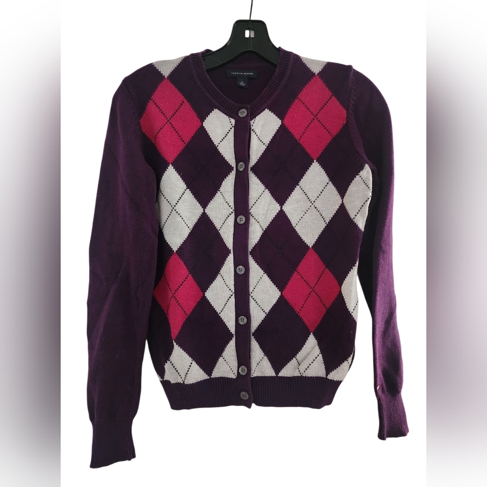Tommy Hilfiger Preppy Purple, Pink And White Argyle Sz M Sweater